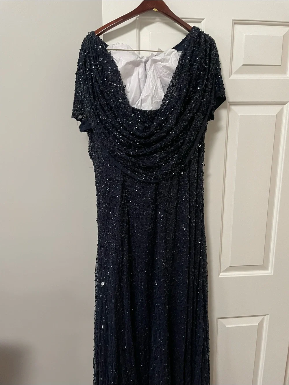 Adrianna Papell Navy Sequin Draped Maxi Dress